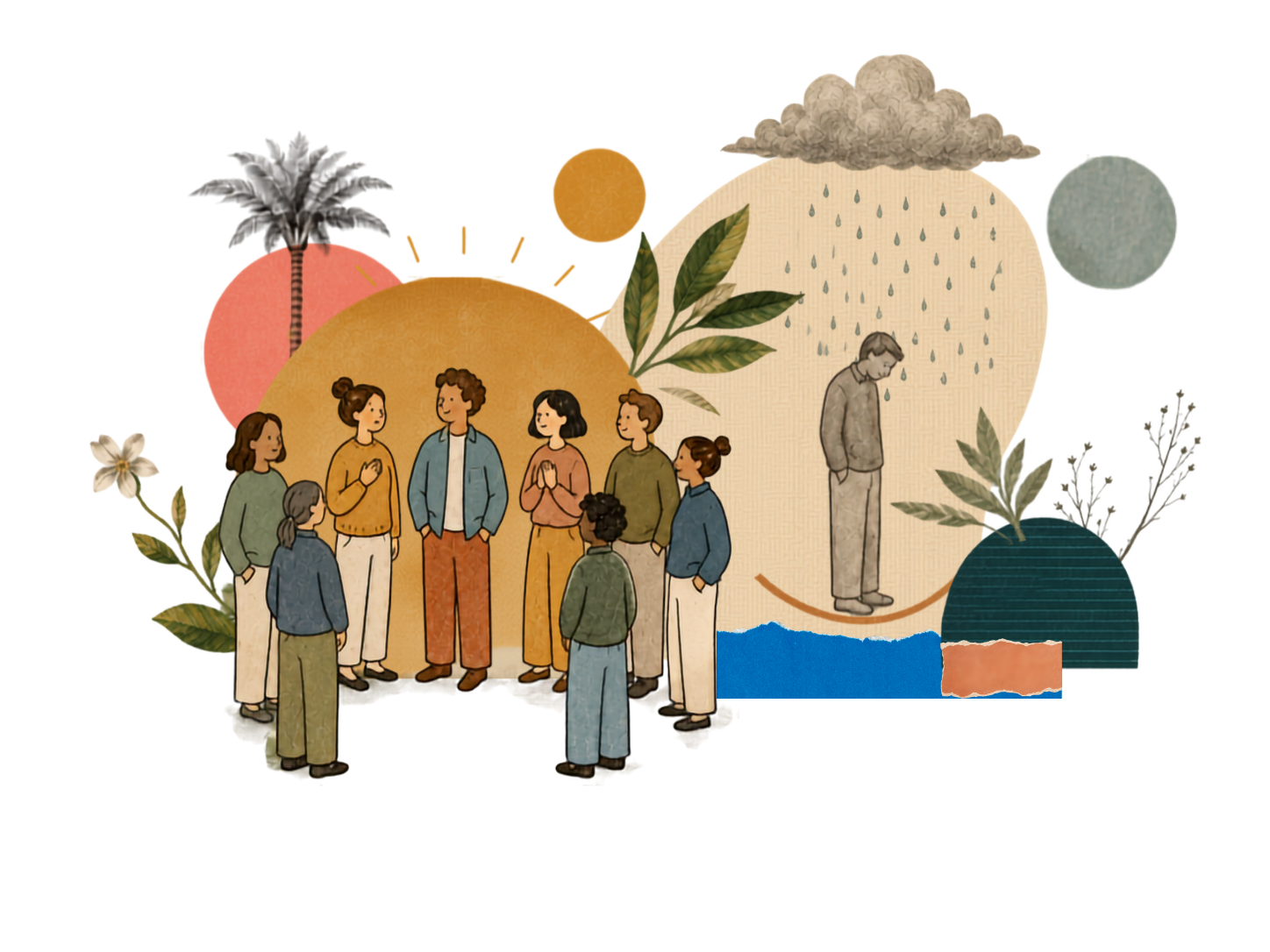 a community together in warm color; a lone figure under a rain cloud
