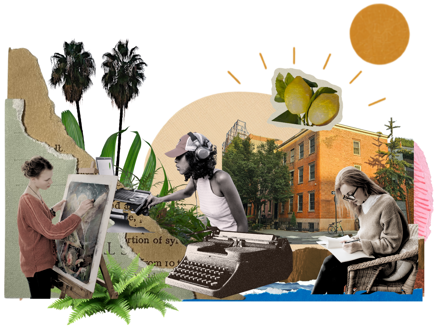 Creatives at work together: a painter at an easel, a musician in headphones, and a writer with a notebook, among plants and city buildings.