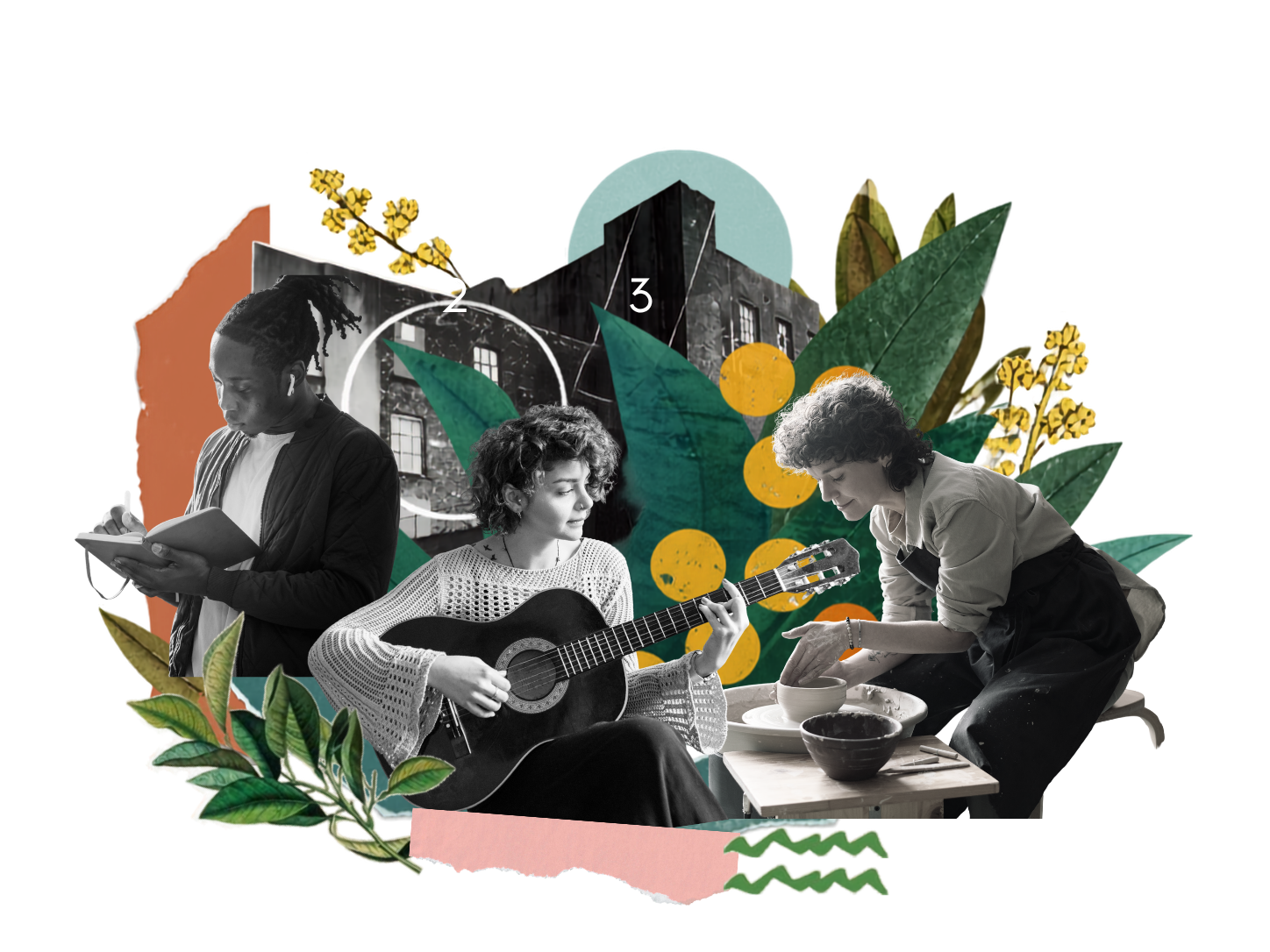 diverse creatives making: writing, guitar, pottery
