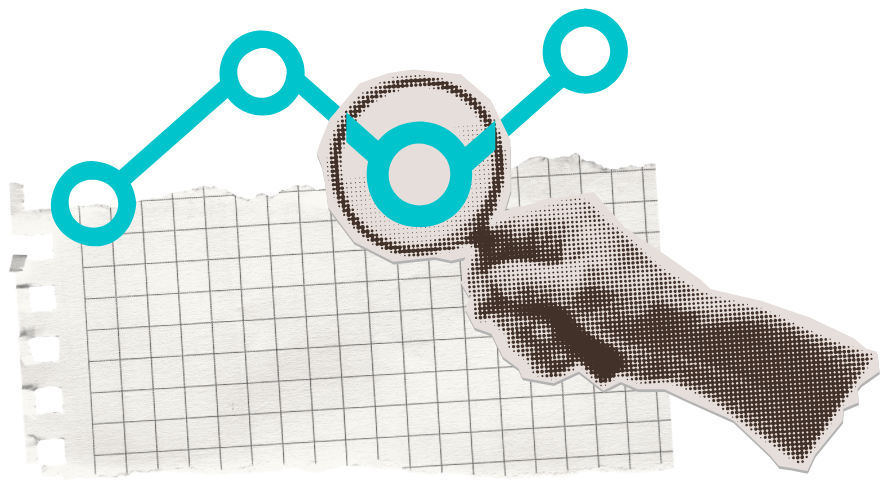 A magnifying glass studying a rising line chart on torn grid paper.